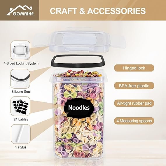 GoMaihe Barcos de cozinha, conjunto de 8 peças de recipiente de garrafões, cozinha, armazenamento de plástico de alimentos selados com tampa, usado para armazenar cereais, massas, arroz, farinha, etc