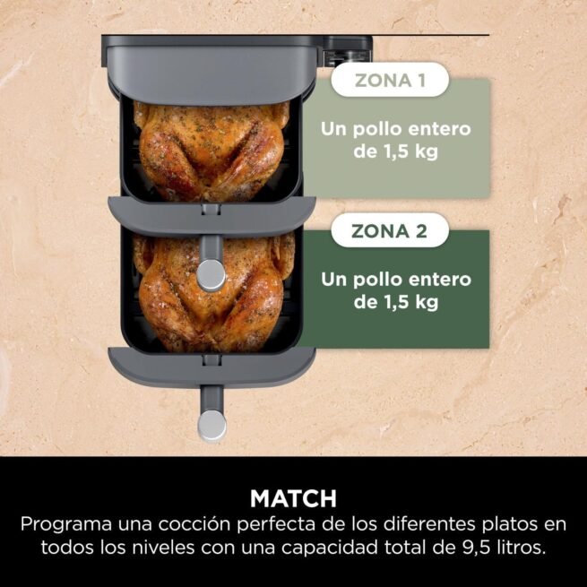 Ninja Double Stack XL Fritadeira de ar, 9,5 l, cesta vertical dupla, 4 níveis de cozedura, 2 cestas e 2 grelhas, design para economizar mais espaço, 6 funções de cozedura, 8 porções, em cinzento.