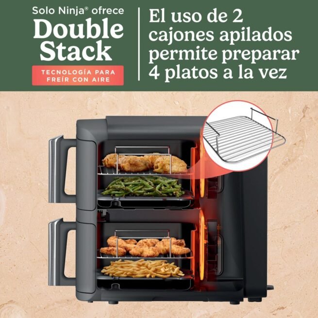 Ninja Double Stack XL Fritadeira de ar, 9,5 l, cesta vertical dupla, 4 níveis de cozedura, 2 cestas e 2 grelhas, design para economizar mais espaço, 6 funções de cozedura, 8 porções, em cinzento.