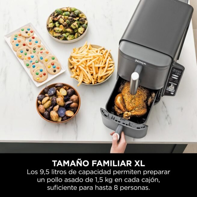 Ninja Double Stack XL Fritadeira de ar, 9,5 l, cesta vertical dupla, 4 níveis de cozedura, 2 cestas e 2 grelhas, design para economizar mais espaço, 6 funções de cozedura, 8 porções, em cinzento.