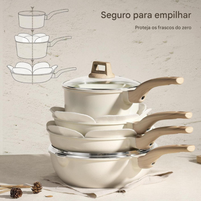 CAROTE Conjunto de 21 panelas e frigideiras, conjuntos de panelas antiaderentes, conjunto de panelas antiaderentes de indução de granito branco com frigideiras e panelas (PFOS, livre de PFOA)