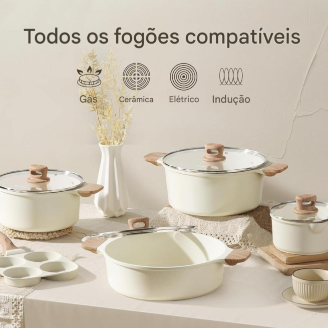 CAROTE Conjunto de 21 panelas e frigideiras, conjuntos de panelas antiaderentes, conjunto de panelas antiaderentes de indução de granito branco com frigideiras e panelas (PFOS, livre de PFOA)