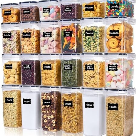 Vtopmart Conjunto de 24 frascos para cozinha armazenamento e recipientes químicos para alimentos, frascos de cozinha armazenamento para plástico higiénico, usado para armazenar cereais, massas,