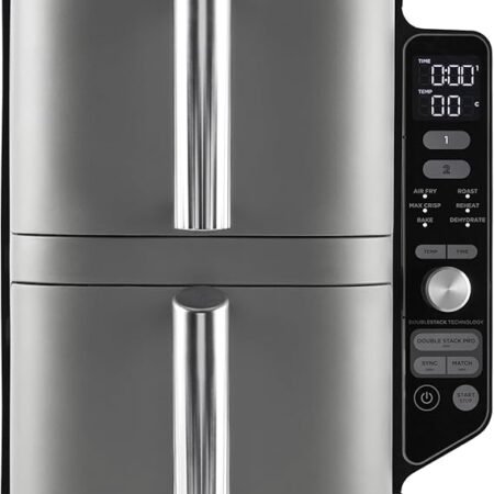 Ninja Double Stack XL Fritadeira de ar, 9,5 l, cesta vertical dupla, 4 níveis de cozedura, 2 cestas e 2 grelhas, design para economizar mais espaço, 6 funções de cozedura, 8 porções, em cinzento.