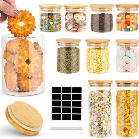Cinnani 10 frascos de vidro de cozinha com tampa de bambu, latas de cozinha armazenagem, frascos de vidro com tampa, latas de cozinha armazenamento de vidro para armazenar esparguete massa
