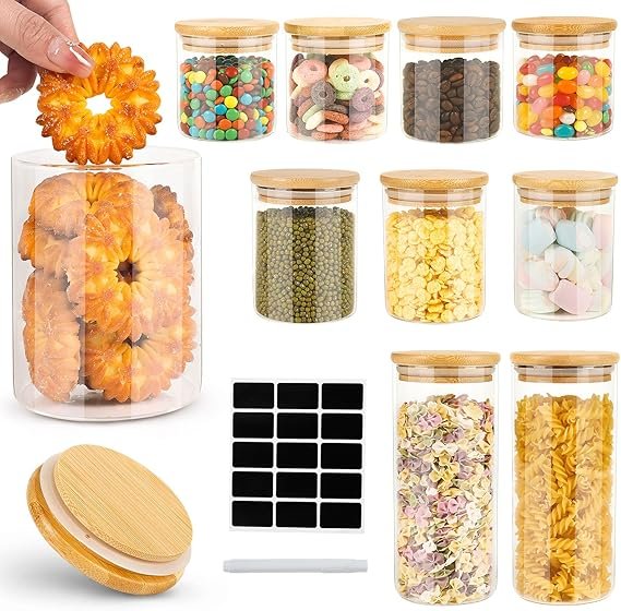 Cinnani 10 frascos de vidro de cozinha com tampa de bambu, latas de cozinha armazenagem, frascos de vidro com tampa, latas de cozinha armazenamento de vidro para armazenar esparguete massa
