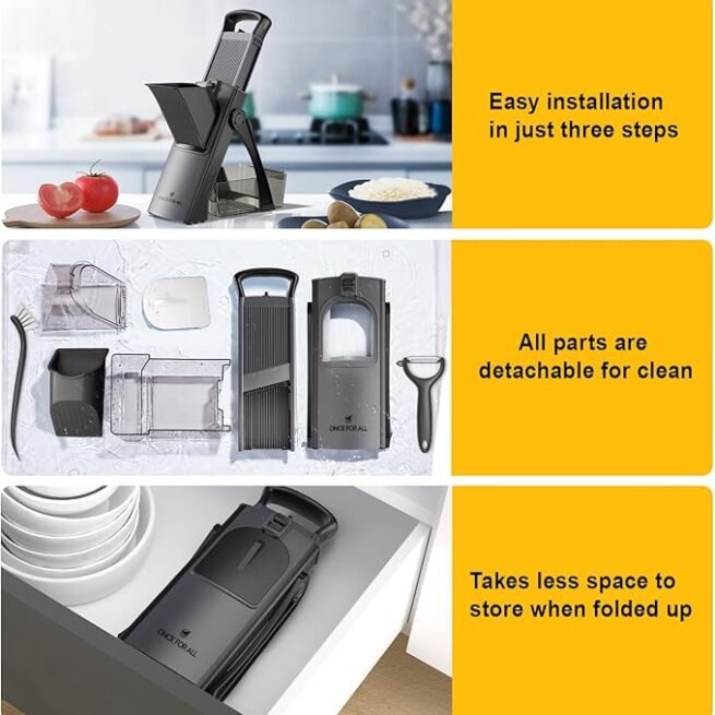 ONCE FOR ALL Cortador de mandoline seguro atualizado, tamanho maior, cortador de alimentos vegetais, cortador de batata frita, lâmina destacável, artefato de corte de cozinha.