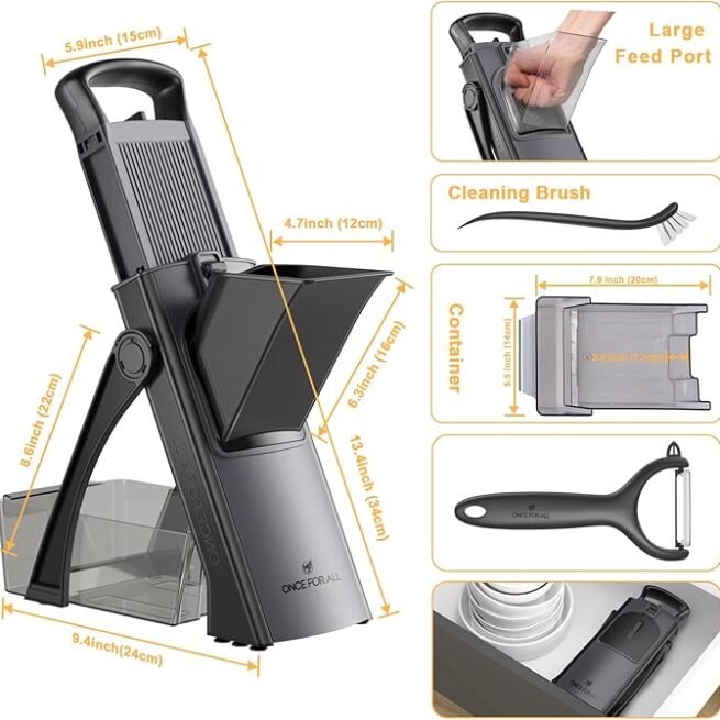 ONCE FOR ALL Cortador de mandoline seguro atualizado, tamanho maior, cortador de alimentos vegetais, cortador de batata frita, lâmina destacável, artefato de corte de cozinha.